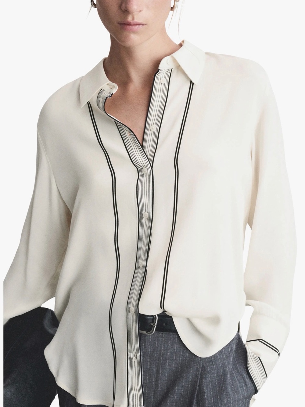 Reiss Bailey Side Striped Blouse Button Down Long Sleeve Cream Size 2 - Picture 9 of 15